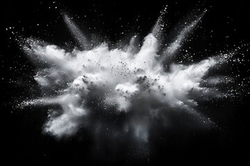 Poster - White Dust Explosion Against Black Background Vibrant Color Burst Abstract Creative Photography