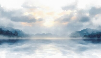 Poster - Tranquil Watercolor Landscape with Gentle Clouds and Soft Pastel Colors for Calm Atmosphere