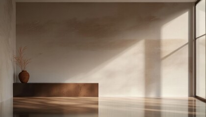 Poster - Minimalist Studio Room with Brown Background Soft Lighting and Shadow Display for Product Presentation
