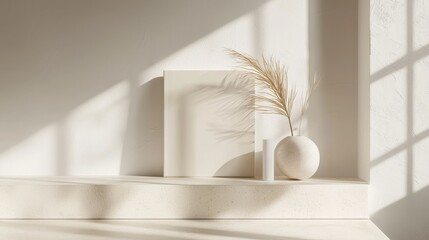 Poster - Elegant Minimalist Display with Soft Shadows and Natural Elements in a Clean Interior Space