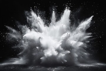 Poster - White Powder Explosion on Black Background Creative Burst of Colors Dust Splatter Abstract High Contrast Photography