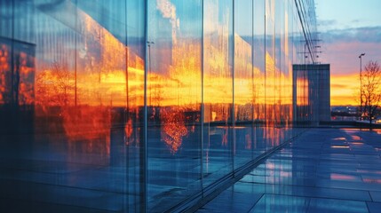 Poster - Vibrant sunset reflected in modern glass building facade.