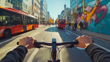 Riding a bike through vibrant city streets, surrounded by colorful murals and bustling traffic. The scene captures a fresh perspective of urban life on a sunny day with clear skies.