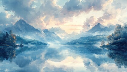 Poster - Tranquil Watercolor Landscape with Soft Pastel Colors and Gentle Clouds Reflecting Natural Light