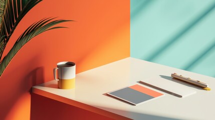 Poster - Bold and Clean Mockup Template Featuring Colorful Geometric Design and Minimalist Workspace