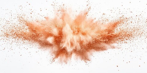 Poster - Beige Powder Explosion on White Background Creating Chaos in Air With Particles of Dust and Debris Spreading in Dynamic Visual Effects