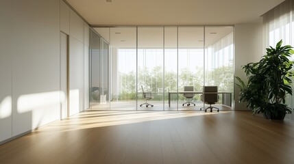 Poster - Bright, modern office space with large glass windows and minimalistic furniture in a serene environment