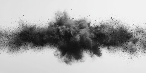 Poster - Chaotic Black Explosion Powder on White Background Creating a Stunning Visual Effect of Movement and Energy in a Minimalist Composition