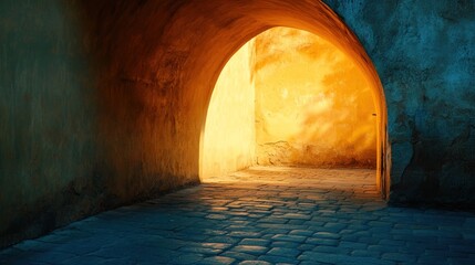 Canvas Print - Sunlit archway in old stone alley.