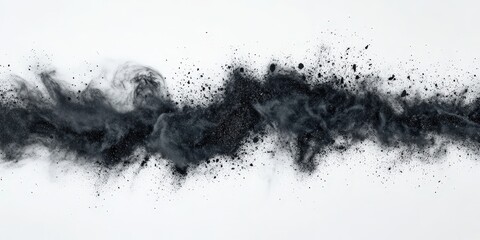 Poster - Black Powder Explosion on White Background Creating Chaotic Smoke Clouds and Debris in a Dynamic Display of Movement and Energy