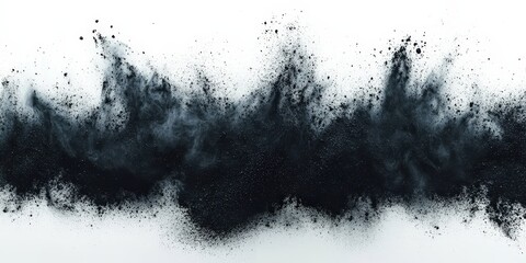 Poster - Black Powder Explosion Creating Chaotic Swirl on White Background, Capturing Energy and Motion in Abstract Format