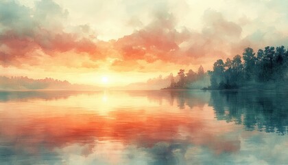 Poster - Tranquil Watercolor Landscape Soft Pastel Colors Gentle Clouds Reflective Surface Calm Atmosphere