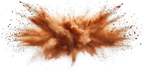 Poster - Brown Explosion of Powder on White Background Creating a Chaotic Scene with Fine Particles Spreading in All Directions, Ideal for Artistic Use
