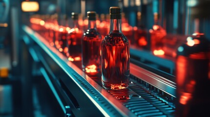 Poster - Bottles of red wine are moving along a conveyor belt in a high-tech production facility. Advanced technology and artificial intelligence are being used to enhance the winemaking process efficiently.