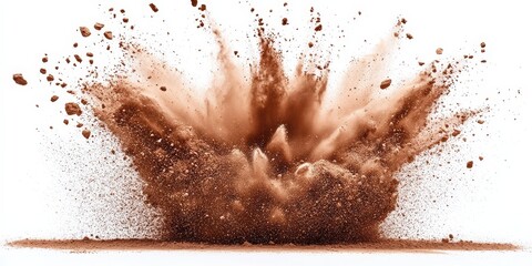 Poster - Dynamic Brown Explosion of Powder on a Crisp White Background Creating a Chaotic Scene of Flying Particles and Dust Clouds