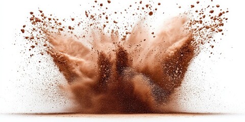 Poster - Brown Powder Explosion on a White Background Creating Chaos and Dynamic Movement with Dust and Particles in a Dramatic Display of Force