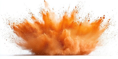 Poster - Dynamic Brown Powder Explosion on White Background Creating Chaotic Visual Impact with Splashes and Dust Particles for Creative Use