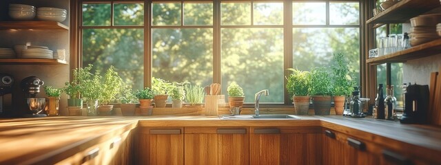 Aufkleber - Cozy Kitchen Scene Natural Light Wooden Counter Plants Scandinavian Minimalism