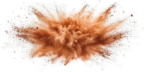Poster - Dynamic Burst of Brown Powder Creating Chaos on White Background with Explosive Energy, Perfect for Visual Storytelling and Creative Projects