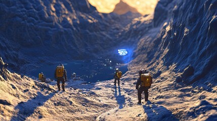 Wall Mural - astronauts trek across alien mountains towards distant city