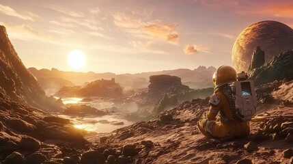 Wall Mural - astronaut contemplates alien planet sunset landscape