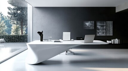 Wall Mural - Modern white curved desk in minimalist home office with large window and nature view.