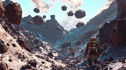 Wall Mural - astronauts trek across a rocky alien planet