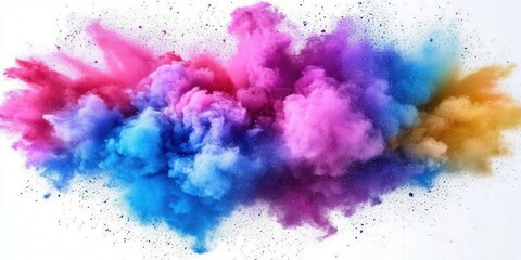 Poster - Vibrant Colorful Powder Explosion on White Background Creating Chaos with Soft Cloud-Like Textures and Brilliant Hues of Pink, Blue, Purple, and Gold