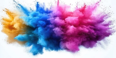 Poster - Colorful Powder Explosion on White Background Creating Chaos with Vibrant Shades of Blue, Pink, Orange, and Purple Capturing Dynamic Motion and Energy