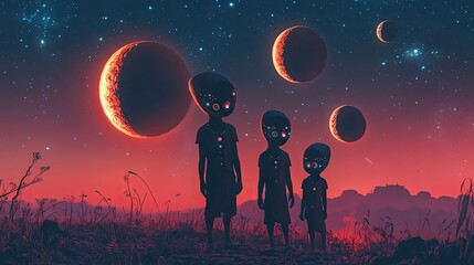 Wall Mural - alien children gaze upon a crimson sunset and planets