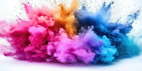 Poster - Vibrant Colorful Powder Explosion Creates Chaos on a White Background Capturing Dynamic Movement and Energy in Every Hue
