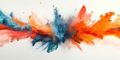 Poster - Colorful Powder Explosion Against a White Background Creating Chaos and Vibrant Visual Impact in an Artistic Display of Color and Motion