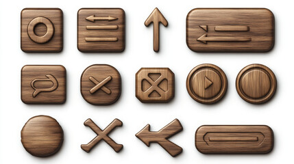 Poster - wooden buttons for ui game, gui elements isolated on white background. vector cartoon kit of brown w