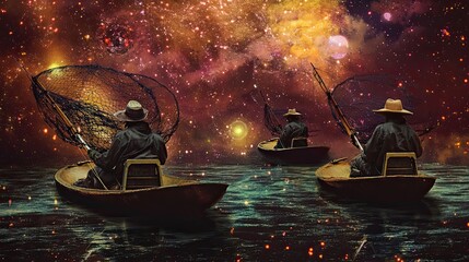 Wall Mural - cosmic fishermen cast nets in starry waters