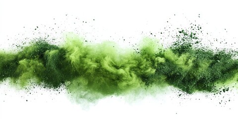 Poster - Dramatic Green Powder Explosion on a White Background Creating a Chaotic Scene of Colorful Swirls and Dusty Clouds for Creative Use