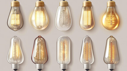 Wall Mural - vintage light bulbs set isolated on transparent background. vector realistic illustration of electri