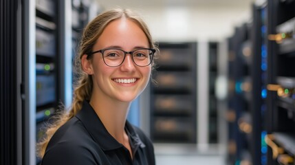 Poster - Young woman smiling in a data center while working on technology during daytime hours