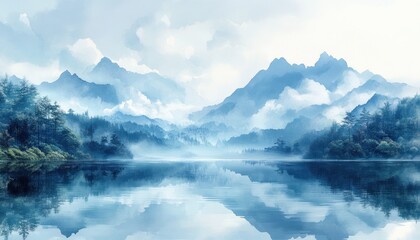 Poster - Tranquil Watercolor Landscape Soft Pastel Colors Nature Reflection Clouds Serene Atmosphere