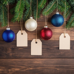 Wall Mural - Colorful Christmas ornaments hang from pine branches, ready for festive celebrations and gift tagging