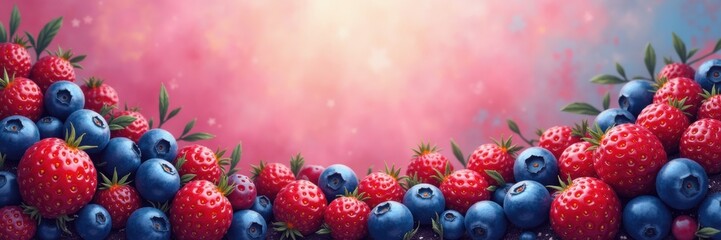 Wall Mural - A vibrant arrangement of fresh raspberries and blueberries against a dreamy backdrop, ideal for culinary, health, and wellness projects.