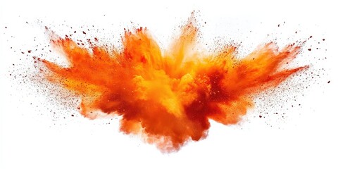 Poster - Vibrant Orange Explosion Powder Against a White Background Capturing Chaos and Dynamic Energy in a Captivating Display of Color and Motion