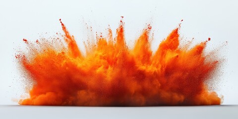 Poster - Dynamic Orange Explosion Powder Against a Clean White Background Creating a Chaotic Scene Perfect for Creative Projects and Visual Designs