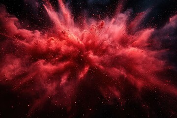 Poster - Red Powder Explosion on Black Background Vibrant Colors Burst Abstract Expressionism Dynamic Motion