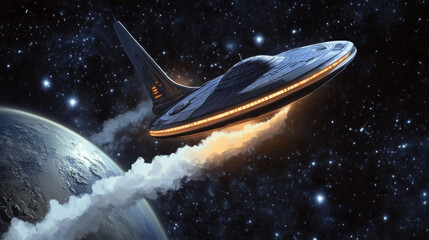 Poster - Alien spaceship in outer space. Cartoon vector illustration of flying saucer or UFO spacecraft taking off from planet surface with white smoke trail. Cosmic vehicle in dark sky with sparkling stars
