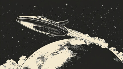 Poster - Alien spaceship in outer space. Cartoon vector illustration of flying saucer or UFO spacecraft taking off from planet surface with white smoke trail. Cosmic vehicle in dark sky with sparkling stars