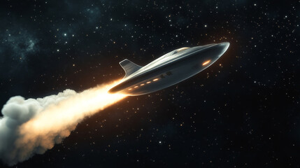 Poster - Alien spaceship in outer space. Cartoon vector illustration of flying saucer or UFO spacecraft taking off from planet surface with white smoke trail. Cosmic vehicle in dark sky with sparkling stars