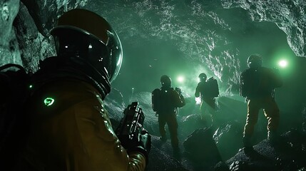 Wall Mural - astronauts explore mysterious green cave system