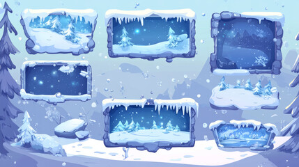 Poster - Game streaming overlay panels and buttons with ice texture and snow. Template of webcam video app design. Vector cartoon set of live stream frames in winter style for show gaming process