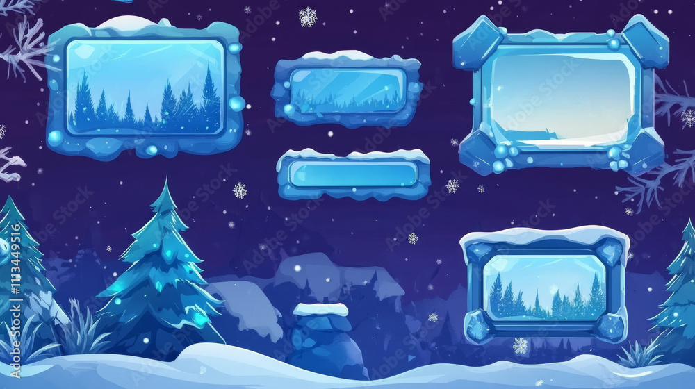 Game streaming overlay panels and buttons with ice texture and snow ...