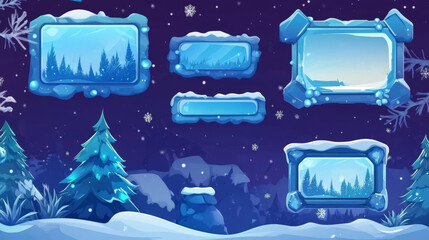 Poster - Game streaming overlay panels and buttons with ice texture and snow. Template of webcam video app design. Vector cartoon set of live stream frames in winter style for show gaming process